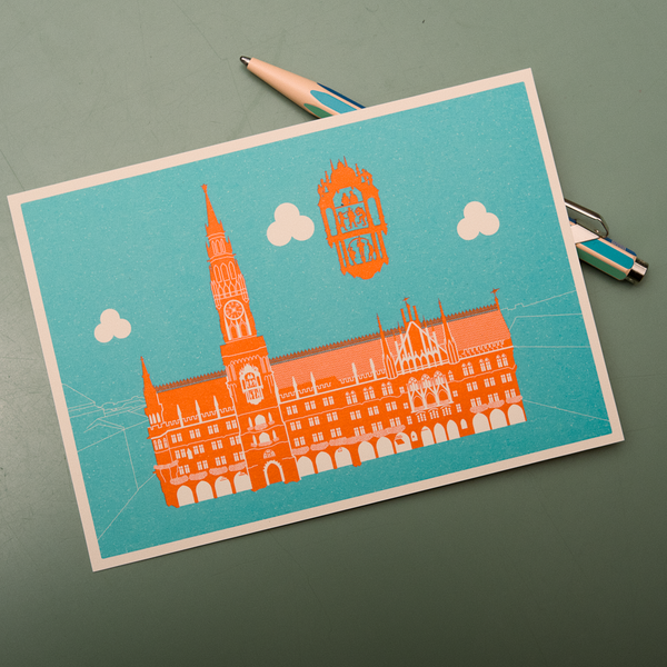 Rathaus München mit Glockenspiel. Illustrierte Postkarte - Bart Verlag
